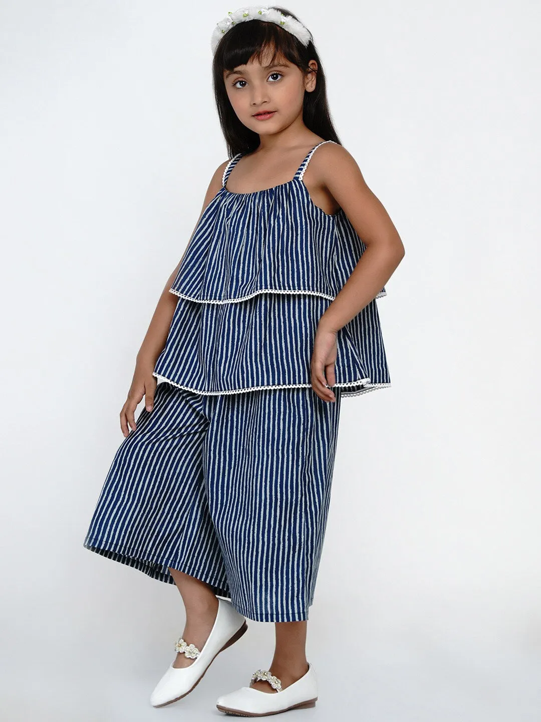 Girls Blue & White Striped Top With Capris