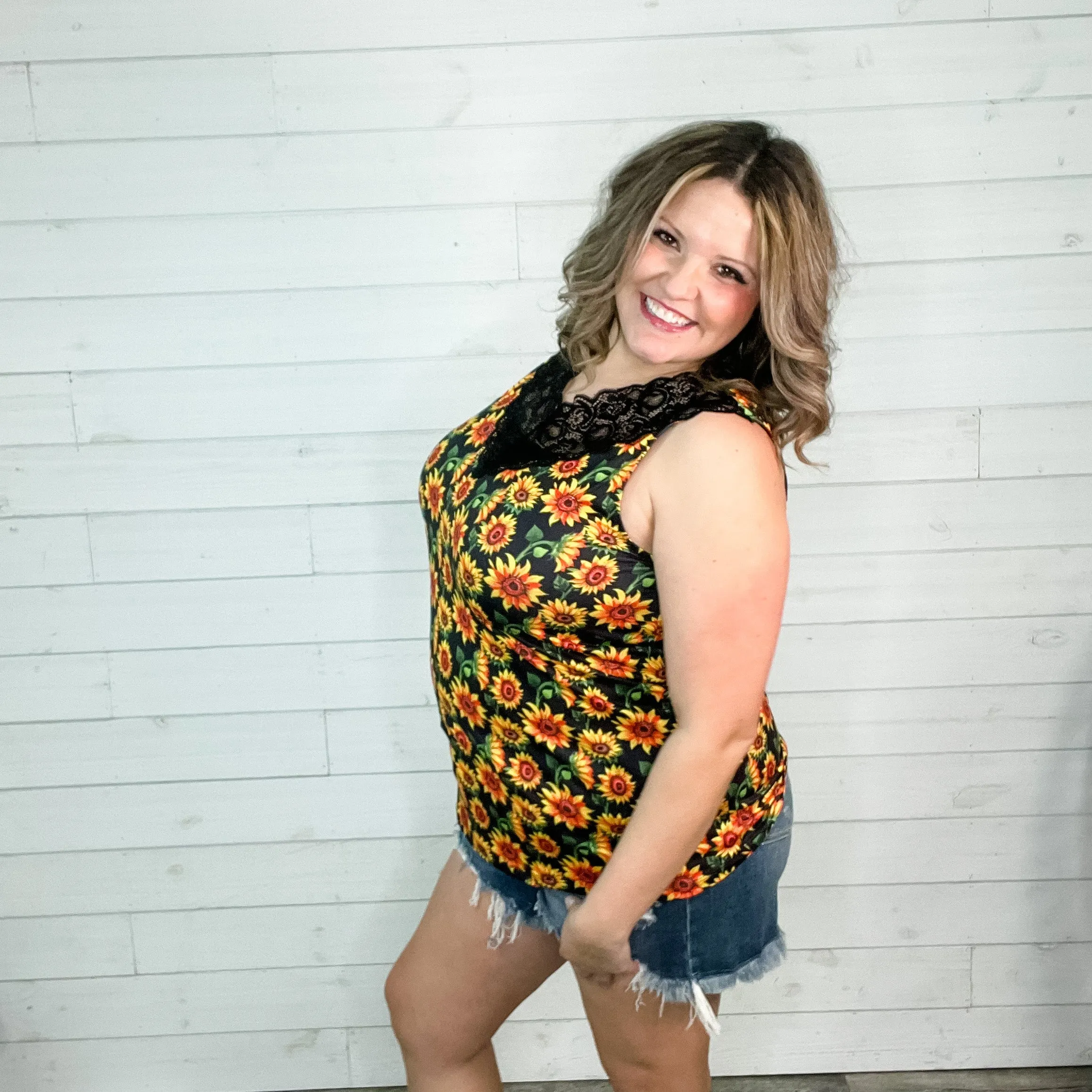 "I Am Happy" Sunflower Tank with Lace Detail