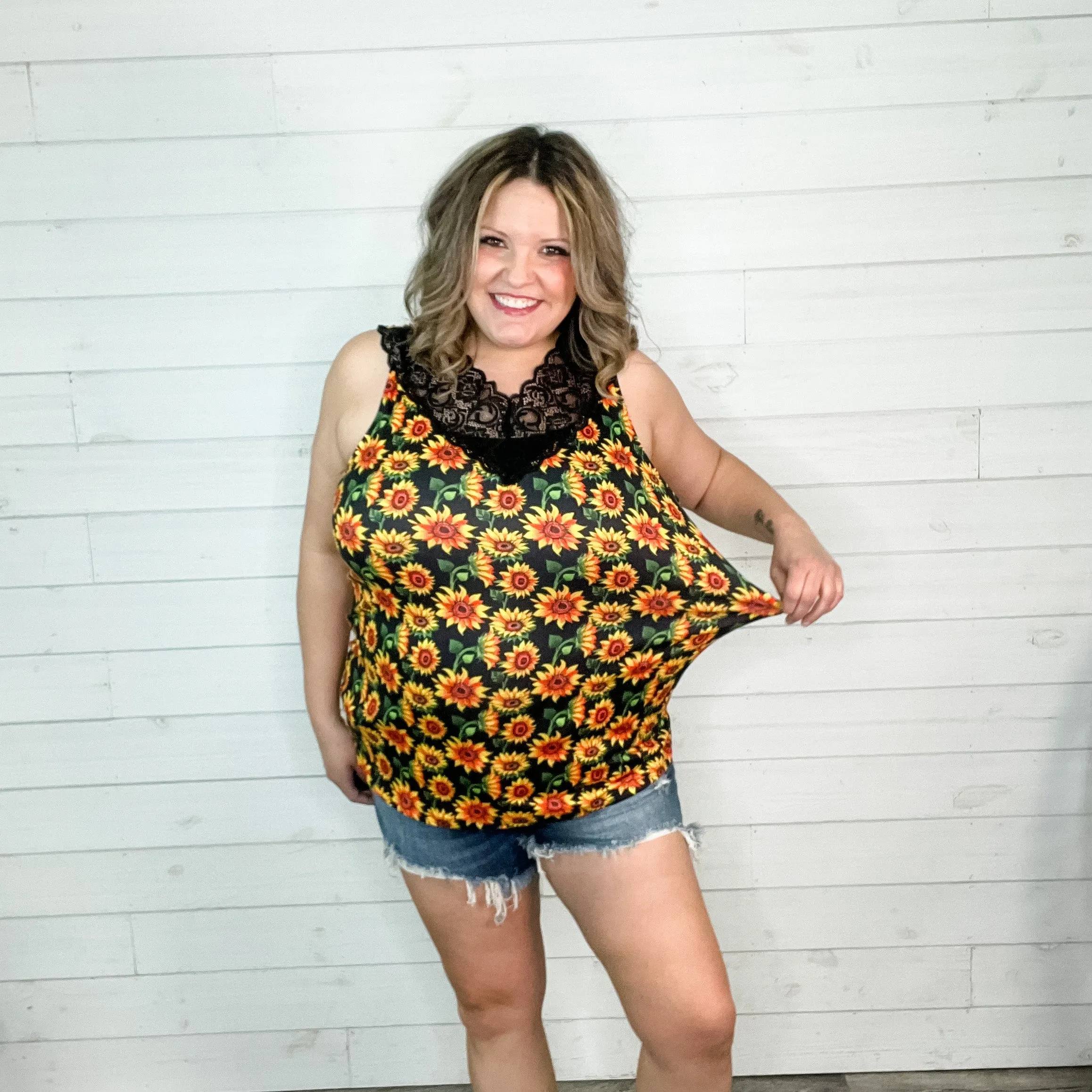 "I Am Happy" Sunflower Tank with Lace Detail